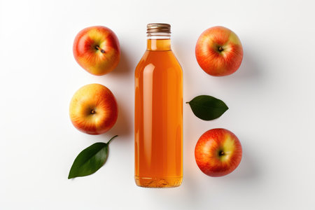 Bottle of fresh apple juice and apple on a white background isolated top view. High quality photoの写真素材