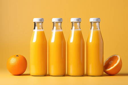 Several bottles of fresh orange juice and a juicy orange on an orange background isolated. High quality photoの写真素材