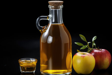 Bottle of fresh apple juice, glass and apples on black background isolated. High quality photoの写真素材