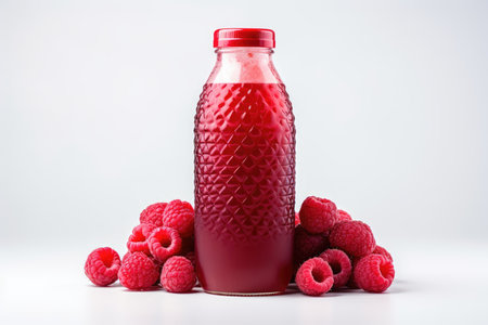 Bottles of fresh raspberry juice and berries lie on a white background isolated. High quality photoの写真素材