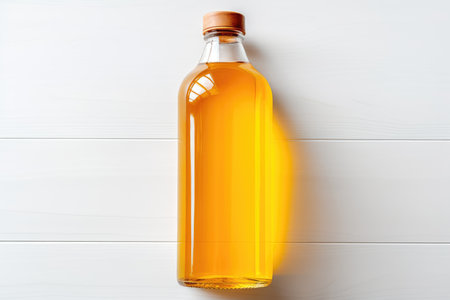 Bottle of fresh apple juice on a white background isolated top view. High quality photoの写真素材