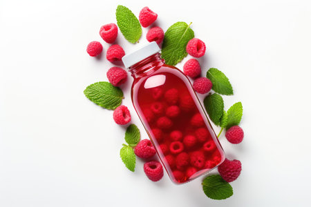 Bottle of fresh raspberry juice and berries top view white background isolated. High quality photoの写真素材