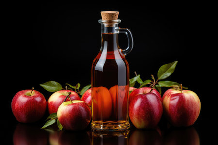 Bottle of fresh apple juice, glass and apples on black background isolated. High quality photoの写真素材