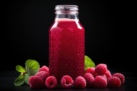 Bottles of fresh raspberry juice and berries lie on a black background isolated. High quality photoの写真素材