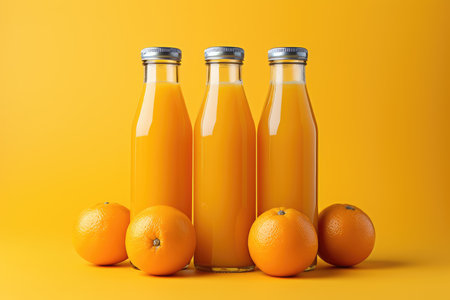 Several bottles of fresh orange juice and a juicy orange on an orange background isolated. High quality photoの写真素材