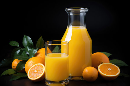 Bottle of fresh orange juice, glass and orange on black background isolated. High quality photoの写真素材