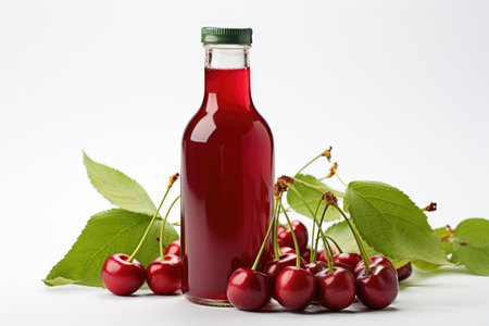 Bottle of fresh cherry juice and cherries lie on a white background isolated. High quality photoの写真素材
