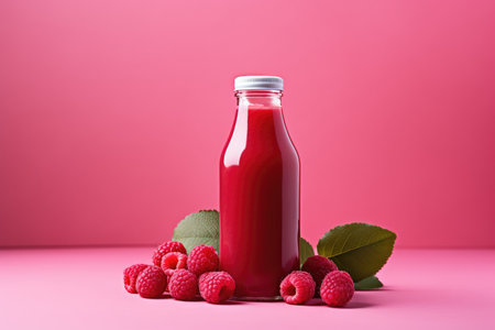 Bottles of fresh raspberry juice and berries lie on a pink background isolated. High quality photoの写真素材