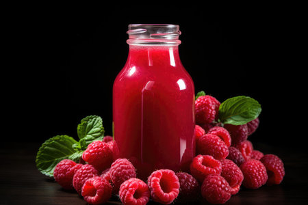 Bottles of fresh raspberry juice and berries lie on a black background isolated. High quality photoの写真素材