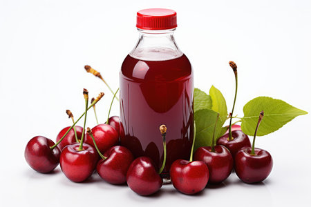 Bottle of fresh cherry juice and cherries lie on a white background isolated. High quality photoの写真素材