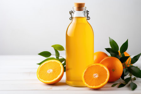Bottle of fresh orange juice and an orange on a white background isolated. High quality photoの写真素材
