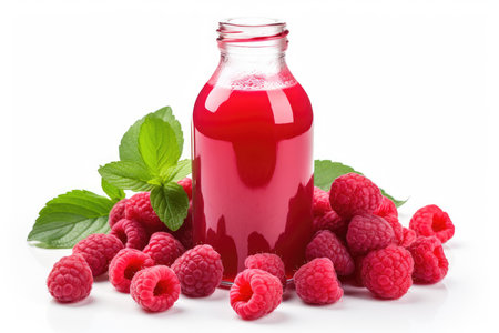 Bottles of fresh raspberry juice and berries lie on a white background isolated. High quality photoの写真素材