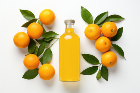 Bottle of fresh orange juice and oranges on a white background isolated top view. High quality photoの写真素材