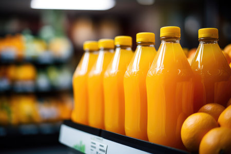 Several bottles of fresh orange juice on a shelf in a store.. High quality photoの写真素材