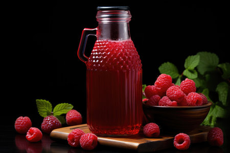 Bottles of fresh raspberry juice and berries lie on a black background isolated. High quality photoの写真素材