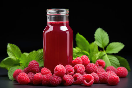 Bottles of fresh raspberry juice and berries lie on a black background isolated. High quality photoの写真素材