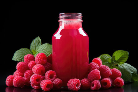 Bottles of fresh raspberry juice and berries lie on a black background isolated. High quality photoの写真素材