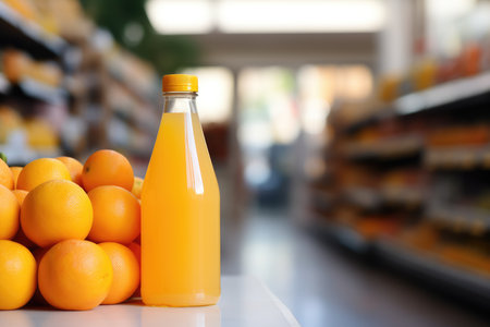 Several bottles of fresh orange juice on a shelf in a store.. High quality photoの写真素材