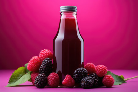 Bottles of fresh raspberry juice and berries lie on a pink background isolated. High quality photoの写真素材