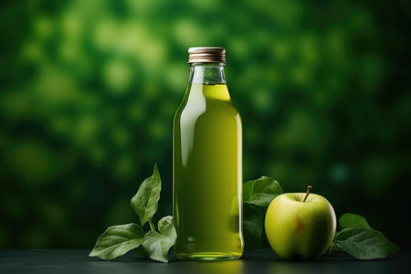 Bottle of fresh apple juice, glass and apples on green background isolated. High quality photoの写真素材