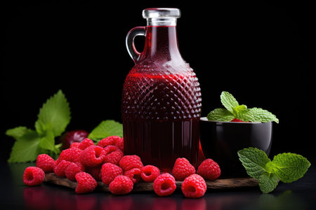 Bottles of fresh raspberry juice and berries lie on a black background isolated. High quality photoの写真素材