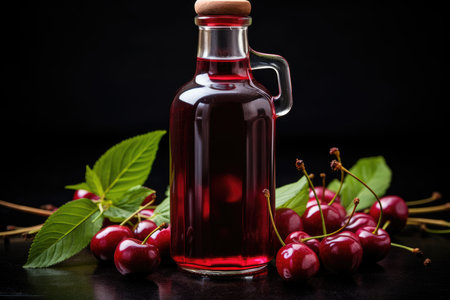 Bottle of fresh cherry juice and cherries lie on a black background isolated. High quality photoの写真素材