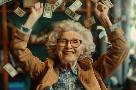 Happy elderly gray-haired woman grandmother raised her hands up, celebrating success, good luck. Winning position. AI generated grandmother.の素材