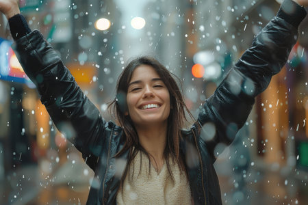 Happy woman raised her hands up celebrating success, enjoys the rain outdoorの素材