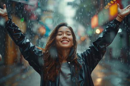 Happy Asian woman raised her hands up celebrating success, enjoys rain outdoor. High quality photo AI generated woman.の素材