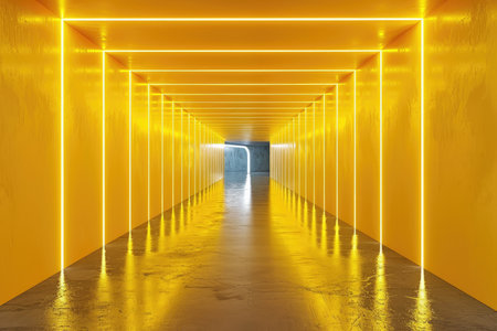 An empty underground yellow room with bare walls and lighting with empty space for text. High quality AI generated image.の素材