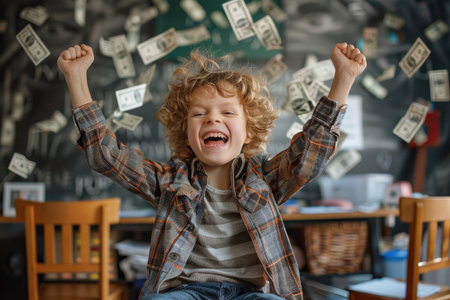 Happy child boy throws her hands up celebrating victory and success in office. Dollars and money fly in the air nearby. High quality photo. AI generated man.の素材