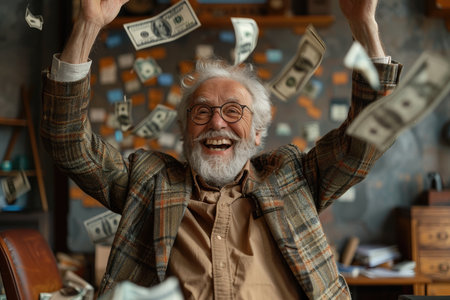 Happy elderly gray-haired man grandfather raised her hands up, celebrating success, good luck. Winning position. AI generated grandfather.の素材