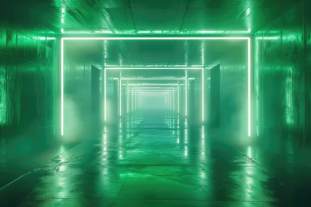 An empty underground green room with bare walls and lighting with empty space for text. High quality AI generated image.の素材