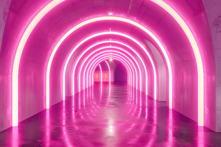 An empty underground pink room with bare walls and lighting with empty space for text. High quality AI generated image.の素材