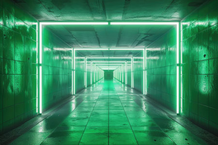 An empty underground green room with bare walls and lighting with empty space for text. High quality AI generated image.の素材