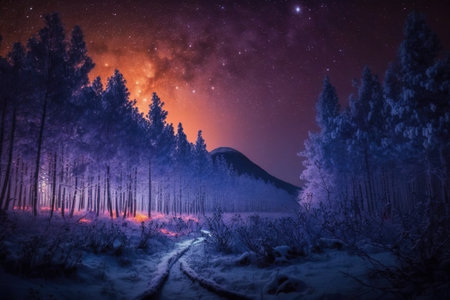 Beautiful snow-covered forest at night, fir trees, pines, it's snowing. Mountains and the moon. High quality photoの素材