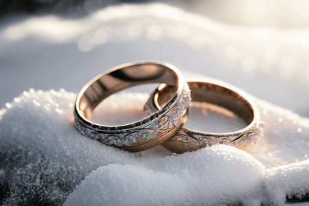 Wedding engagement rings. Love and the symbol of marriage on snow.High quality photoの素材