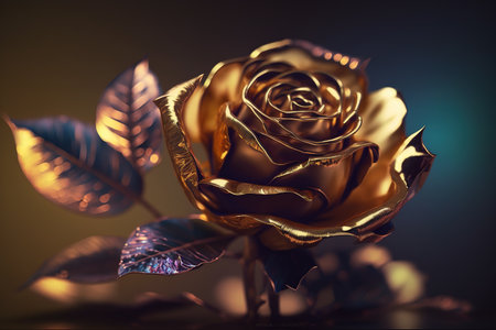 Beautiful gold metal rose for your birthday. Flower rose large, gift, bokeh. High quality photoの素材