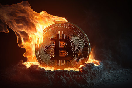 Bitcoin coin is a cryptocurrency burning. Bright flameの素材