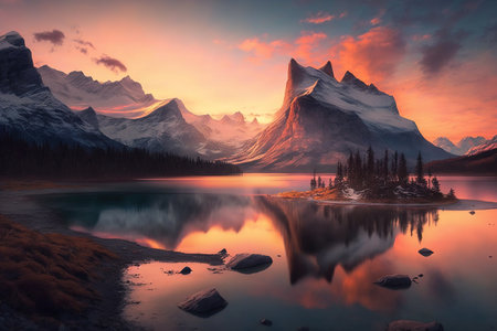 Beautiful mountains sunset. Wildlife, Alps, sky. Mountain river.の写真素材