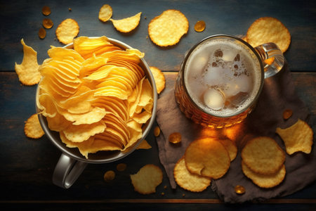 A glass of beer on the bar. Chips and snacks, top view. High quality photoの素材