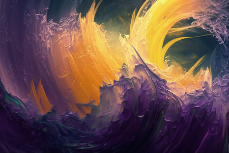 Color abstract background of paint strokes. Yellow, green and purple, modern art, oil painting. High quality photoの素材