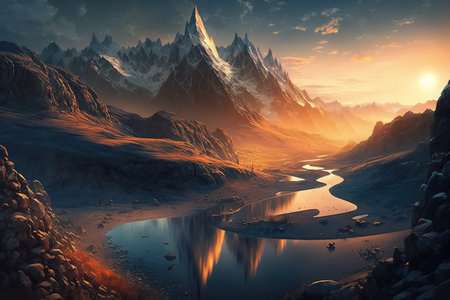 Beautiful mountains sunset. Wildlife, Alps, sky. Mountain river.の写真素材