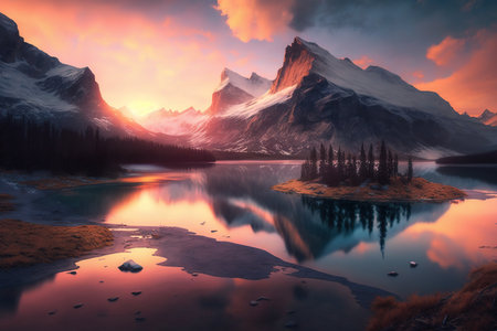 Beautiful mountains sunset. Wildlife, Alps, sky. Mountain river.の写真素材