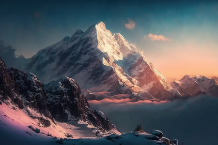 Beautiful mountains surrounded by clouds. Wildlife, Alps, snowy peak.の写真素材