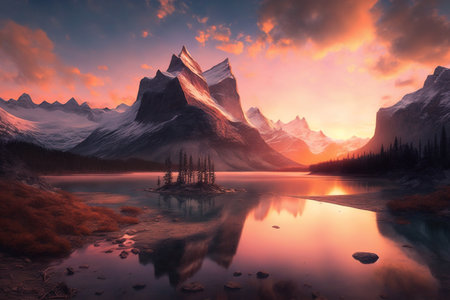 Beautiful mountains sunset. Wildlife, Alps, sky. Mountain river.の写真素材