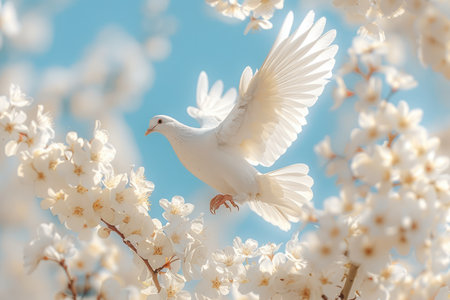 A dove flies against the background of a sunny sky and beautiful flowers, summer. High quality photoの素材