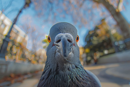 Portrait of a funny pigeon. Pigeon sitting and looking directly at the camera. High quality photoの素材