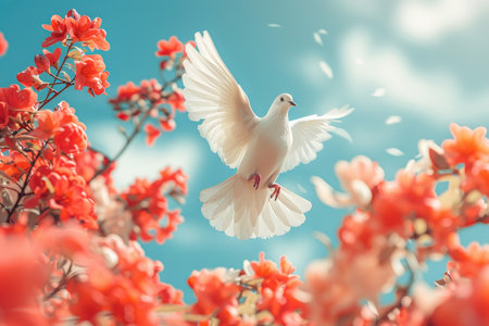 A dove flies against the background of a sunny sky and beautiful flowers, summer. High quality photoの素材