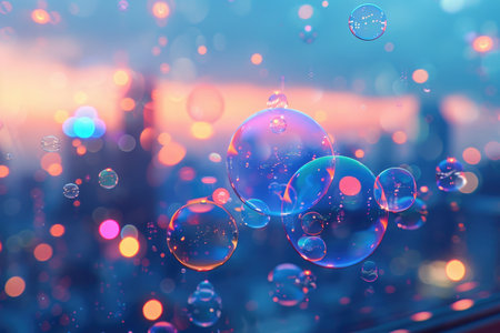 Soap bubbles fly against the backdrop of a park and city on a sunny day. High quality photoの素材